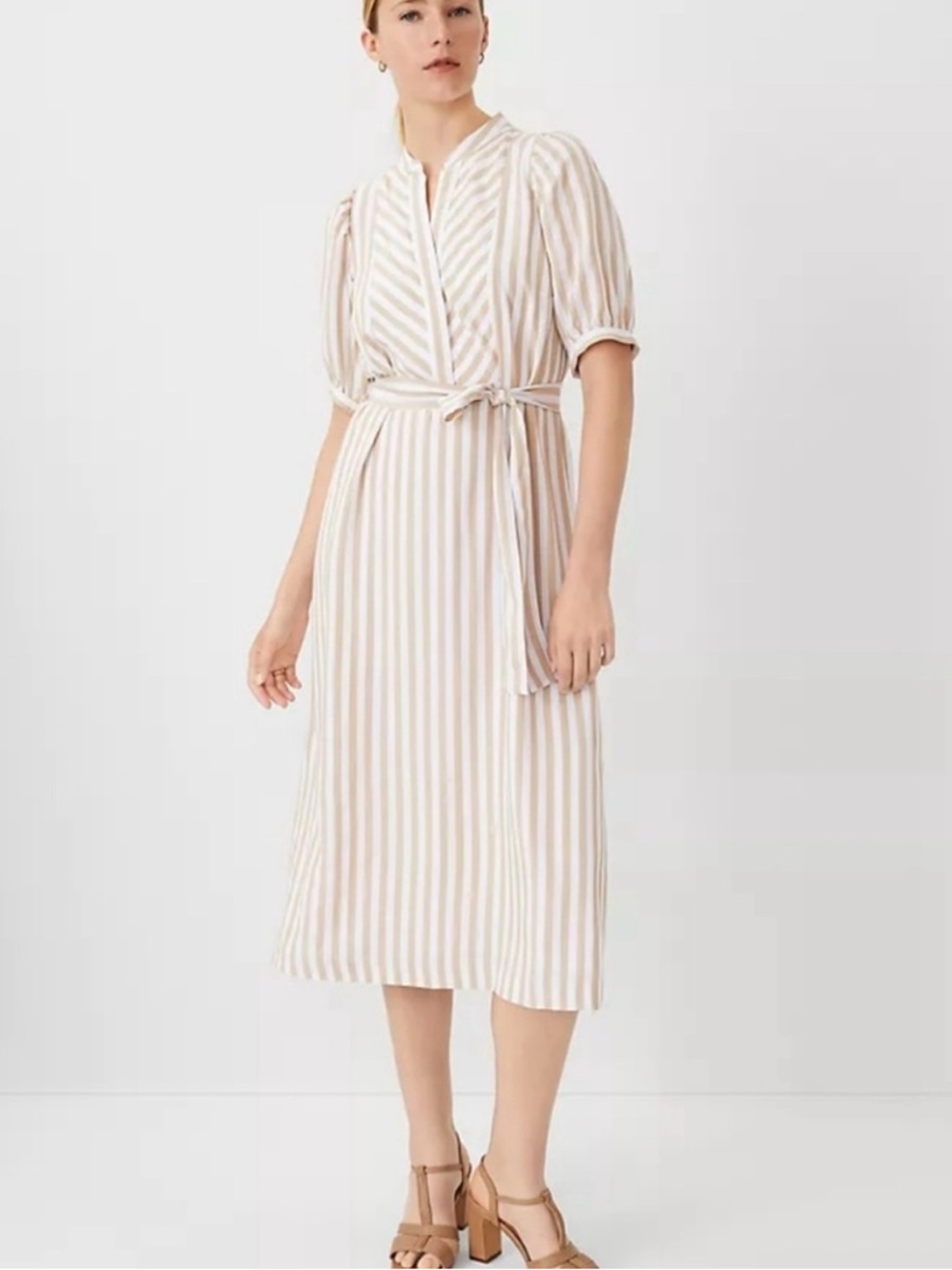 Ann Taylor puff sleeve stripe dress tie belt 12